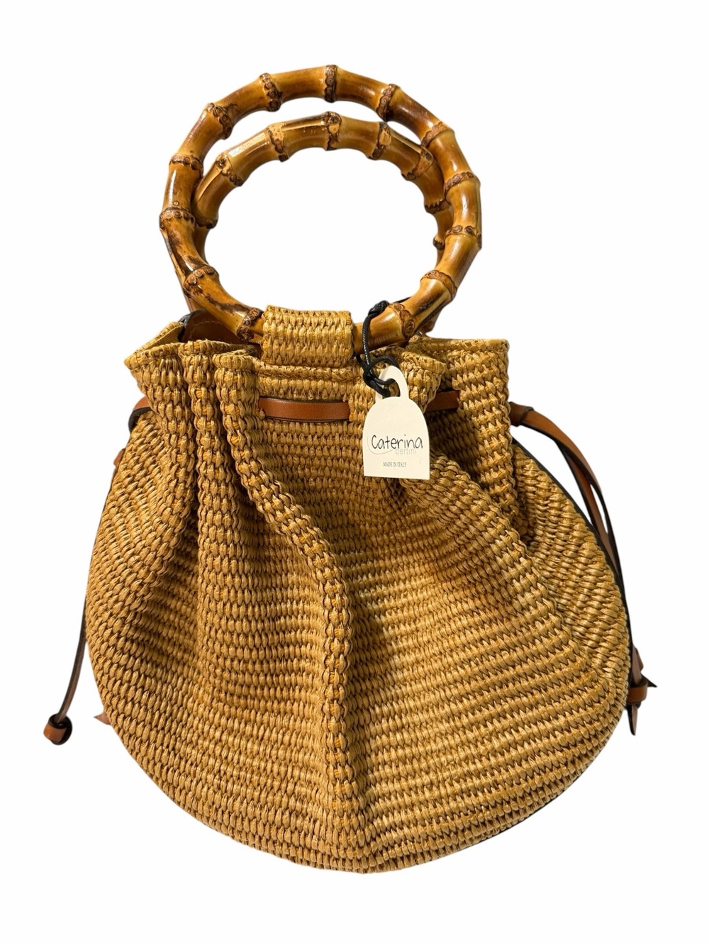 NWT CATERINA BERTINI Made in Italy Bamboo Handle Woven Bucket Bag Leather Trim - Picture 5 of 9